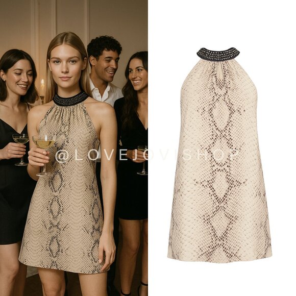 NYE Glam | Silk Chiffon Snakeskin Print Swing Mini w Suede Studded Collar Lined - Picture 1 of 14